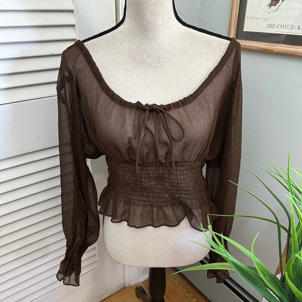 Vintage Dizzy Lizzy Top Womens Large Brown Sheer Chiffon Y2K Indie Sleaze